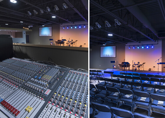 Split view of audio visual equipment and stage lighting at Outlook Christian Church worship center